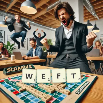 Kreative Illustration für ein Scrabble-Spiel, bei dem das Wort WEFT mit Steinen auf dem Brett gelegt wurde.