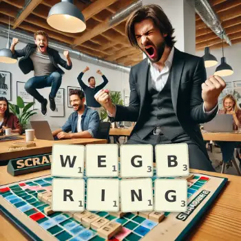 Kreative Illustration für ein Scrabble-Spiel, bei dem das Wort WEGBRING mit Steinen auf dem Brett gelegt wurde.