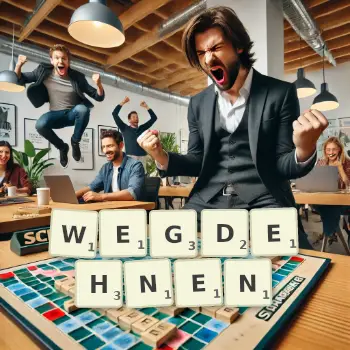 Kreative Illustration für ein Scrabble-Spiel, bei dem das Wort WEGDEHNEN mit Steinen auf dem Brett gelegt wurde.