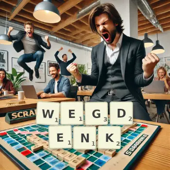 Kreative Illustration für ein Scrabble-Spiel, bei dem das Wort WEGDENK mit Steinen auf dem Brett gelegt wurde.