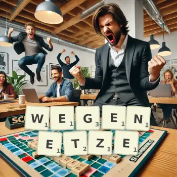 Kreative Illustration für ein Scrabble-Spiel, bei dem das Wort WEGENETZE mit Steinen auf dem Brett gelegt wurde.
