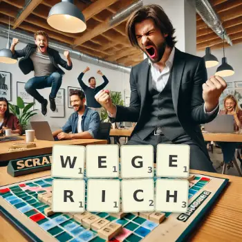 Kreative Illustration für ein Scrabble-Spiel, bei dem das Wort WEGERICH mit Steinen auf dem Brett gelegt wurde.