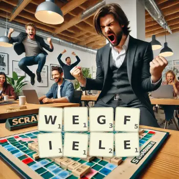 Kreative Illustration für ein Scrabble-Spiel, bei dem das Wort WEGFIELE mit Steinen auf dem Brett gelegt wurde.