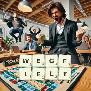 Kreative Illustration für ein Scrabble-Spiel, bei dem das Wort WEGFIELT mit Steinen auf dem Brett gelegt wurde.