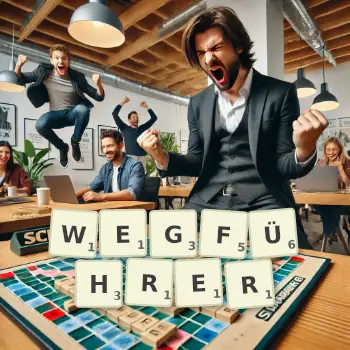 Kreative Illustration für ein Scrabble-Spiel, bei dem das Wort WEGFÜHRER mit Steinen auf dem Brett gelegt wurde.