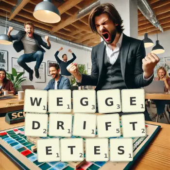 Kreative Illustration für ein Scrabble-Spiel, bei dem das Wort WEGGEDRIFTETES mit Steinen auf dem Brett gelegt wurde.