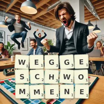 Kreative Illustration für ein Scrabble-Spiel, bei dem das Wort WEGGESCHWOMMENE mit Steinen auf dem Brett gelegt wurde.