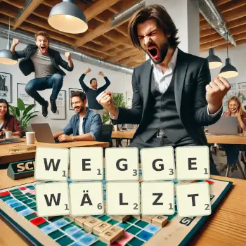 Kreative Illustration für ein Scrabble-Spiel, bei dem das Wort WEGGEWÄLZT mit Steinen auf dem Brett gelegt wurde.