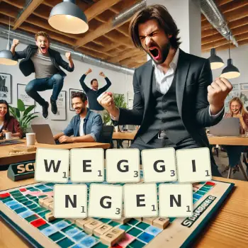 Kreative Illustration für ein Scrabble-Spiel, bei dem das Wort WEGGINGEN mit Steinen auf dem Brett gelegt wurde.
