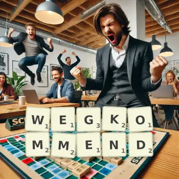 Kreative Illustration für ein Scrabble-Spiel, bei dem das Wort WEGKOMMEND mit Steinen auf dem Brett gelegt wurde.