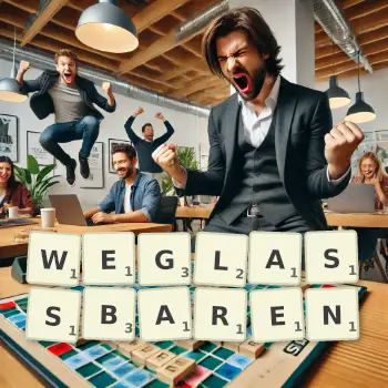 Kreative Illustration für ein Scrabble-Spiel, bei dem das Wort WEGLASSBAREN mit Steinen auf dem Brett gelegt wurde.