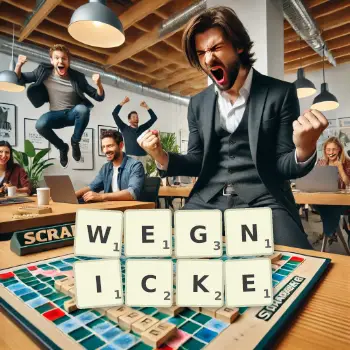 Kreative Illustration für ein Scrabble-Spiel, bei dem das Wort WEGNICKE mit Steinen auf dem Brett gelegt wurde.