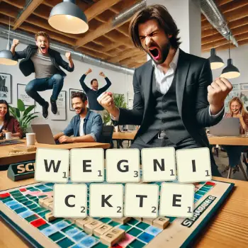 Kreative Illustration für ein Scrabble-Spiel, bei dem das Wort WEGNICKTE mit Steinen auf dem Brett gelegt wurde.