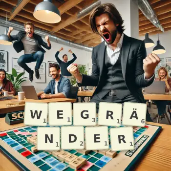 Kreative Illustration für ein Scrabble-Spiel, bei dem das Wort WEGRÄNDER mit Steinen auf dem Brett gelegt wurde.