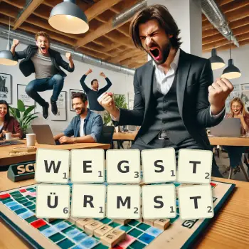 Kreative Illustration für ein Scrabble-Spiel, bei dem das Wort WEGSTÜRMST mit Steinen auf dem Brett gelegt wurde.