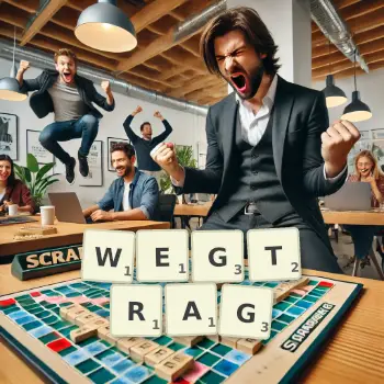 Kreative Illustration für ein Scrabble-Spiel, bei dem das Wort WEGTRAG mit Steinen auf dem Brett gelegt wurde.