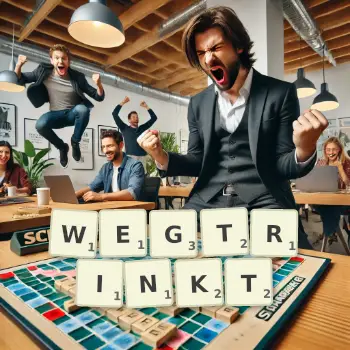 Kreative Illustration für ein Scrabble-Spiel, bei dem das Wort WEGTRINKT mit Steinen auf dem Brett gelegt wurde.
