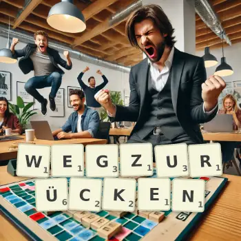 Kreative Illustration für ein Scrabble-Spiel, bei dem das Wort WEGZURÜCKEN mit Steinen auf dem Brett gelegt wurde.