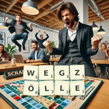 Kreative Illustration für ein Scrabble-Spiel, bei dem das Wort WEGZÖLLE mit Steinen auf dem Brett gelegt wurde.