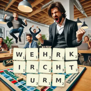 Kreative Illustration für ein Scrabble-Spiel, bei dem das Wort WEHRKIRCHTURM mit Steinen auf dem Brett gelegt wurde.