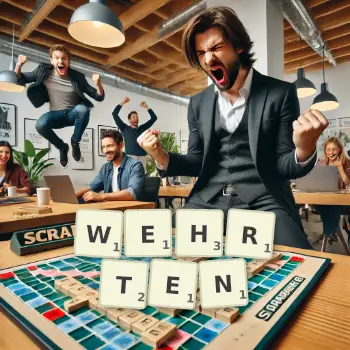 Kreative Illustration für ein Scrabble-Spiel, bei dem das Wort WEHRTEN mit Steinen auf dem Brett gelegt wurde.