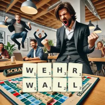 Kreative Illustration für ein Scrabble-Spiel, bei dem das Wort WEHRWALL mit Steinen auf dem Brett gelegt wurde.