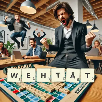 Kreative Illustration für ein Scrabble-Spiel, bei dem das Wort WEHTÄT mit Steinen auf dem Brett gelegt wurde.