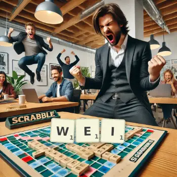 Kreative Illustration für ein Scrabble-Spiel, bei dem das Wort WEI mit Steinen auf dem Brett gelegt wurde.