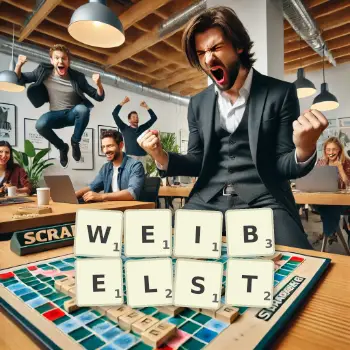 Kreative Illustration für ein Scrabble-Spiel, bei dem das Wort WEIBELST mit Steinen auf dem Brett gelegt wurde.