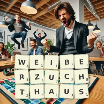 Kreative Illustration für ein Scrabble-Spiel, bei dem das Wort WEIBERZUCHTHAUS mit Steinen auf dem Brett gelegt wurde.