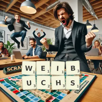 Kreative Illustration für ein Scrabble-Spiel, bei dem das Wort WEIBUCHS mit Steinen auf dem Brett gelegt wurde.