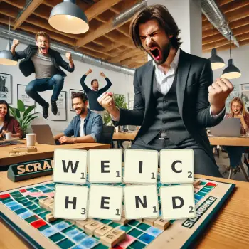 Kreative Illustration für ein Scrabble-Spiel, bei dem das Wort WEICHEND mit Steinen auf dem Brett gelegt wurde.