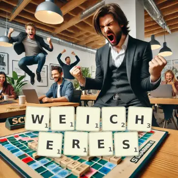 Kreative Illustration für ein Scrabble-Spiel, bei dem das Wort WEICHERES mit Steinen auf dem Brett gelegt wurde.