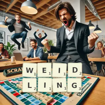 Kreative Illustration für ein Scrabble-Spiel, bei dem das Wort WEIDLING mit Steinen auf dem Brett gelegt wurde.