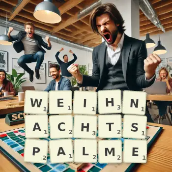 Kreative Illustration für ein Scrabble-Spiel, bei dem das Wort WEIHNACHTSPALME mit Steinen auf dem Brett gelegt wurde.