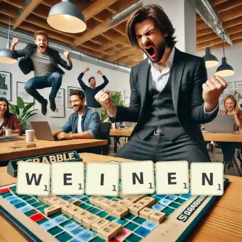 Kreative Illustration für ein Scrabble-Spiel, bei dem das Wort WEINEN mit Steinen auf dem Brett gelegt wurde.