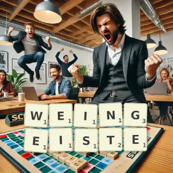 Kreative Illustration für ein Scrabble-Spiel, bei dem das Wort WEINGEISTE mit Steinen auf dem Brett gelegt wurde.