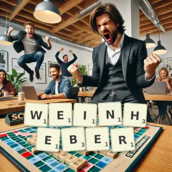 Kreative Illustration für ein Scrabble-Spiel, bei dem das Wort WEINHEBER mit Steinen auf dem Brett gelegt wurde.