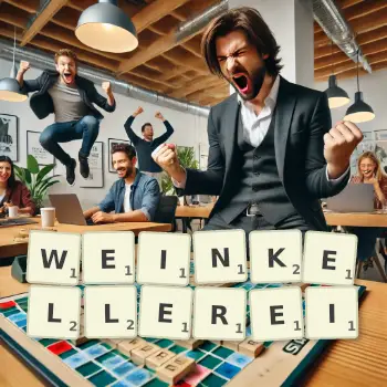 Kreative Illustration für ein Scrabble-Spiel, bei dem das Wort WEINKELLEREI mit Steinen auf dem Brett gelegt wurde.