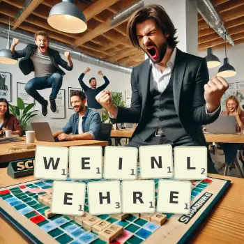 Kreative Illustration für ein Scrabble-Spiel, bei dem das Wort WEINLEHRE mit Steinen auf dem Brett gelegt wurde.