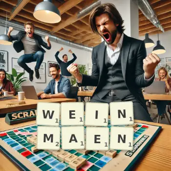 Kreative Illustration für ein Scrabble-Spiel, bei dem das Wort WEINMAEN mit Steinen auf dem Brett gelegt wurde.