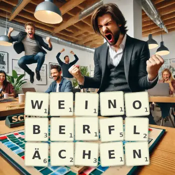 Kreative Illustration für ein Scrabble-Spiel, bei dem das Wort WEINOBERFLÄCHEN mit Steinen auf dem Brett gelegt wurde.