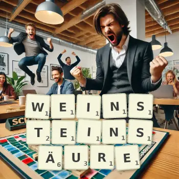 Kreative Illustration für ein Scrabble-Spiel, bei dem das Wort WEINSTEINSÄURE mit Steinen auf dem Brett gelegt wurde.