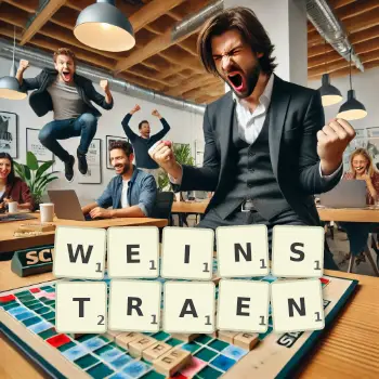 Kreative Illustration für ein Scrabble-Spiel, bei dem das Wort WEINSTRAEN mit Steinen auf dem Brett gelegt wurde.