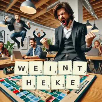 Kreative Illustration für ein Scrabble-Spiel, bei dem das Wort WEINTHEKE mit Steinen auf dem Brett gelegt wurde.