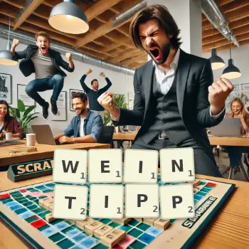 Kreative Illustration für ein Scrabble-Spiel, bei dem das Wort WEINTIPP mit Steinen auf dem Brett gelegt wurde.