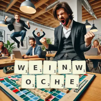 Kreative Illustration für ein Scrabble-Spiel, bei dem das Wort WEINWOCHE mit Steinen auf dem Brett gelegt wurde.