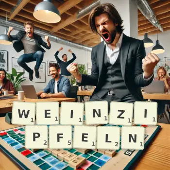 Kreative Illustration für ein Scrabble-Spiel, bei dem das Wort WEINZIPFELN mit Steinen auf dem Brett gelegt wurde.