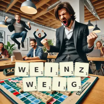 Kreative Illustration für ein Scrabble-Spiel, bei dem das Wort WEINZWEIG mit Steinen auf dem Brett gelegt wurde.