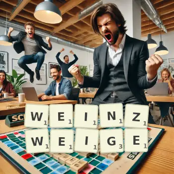 Kreative Illustration für ein Scrabble-Spiel, bei dem das Wort WEINZWEIGE mit Steinen auf dem Brett gelegt wurde.